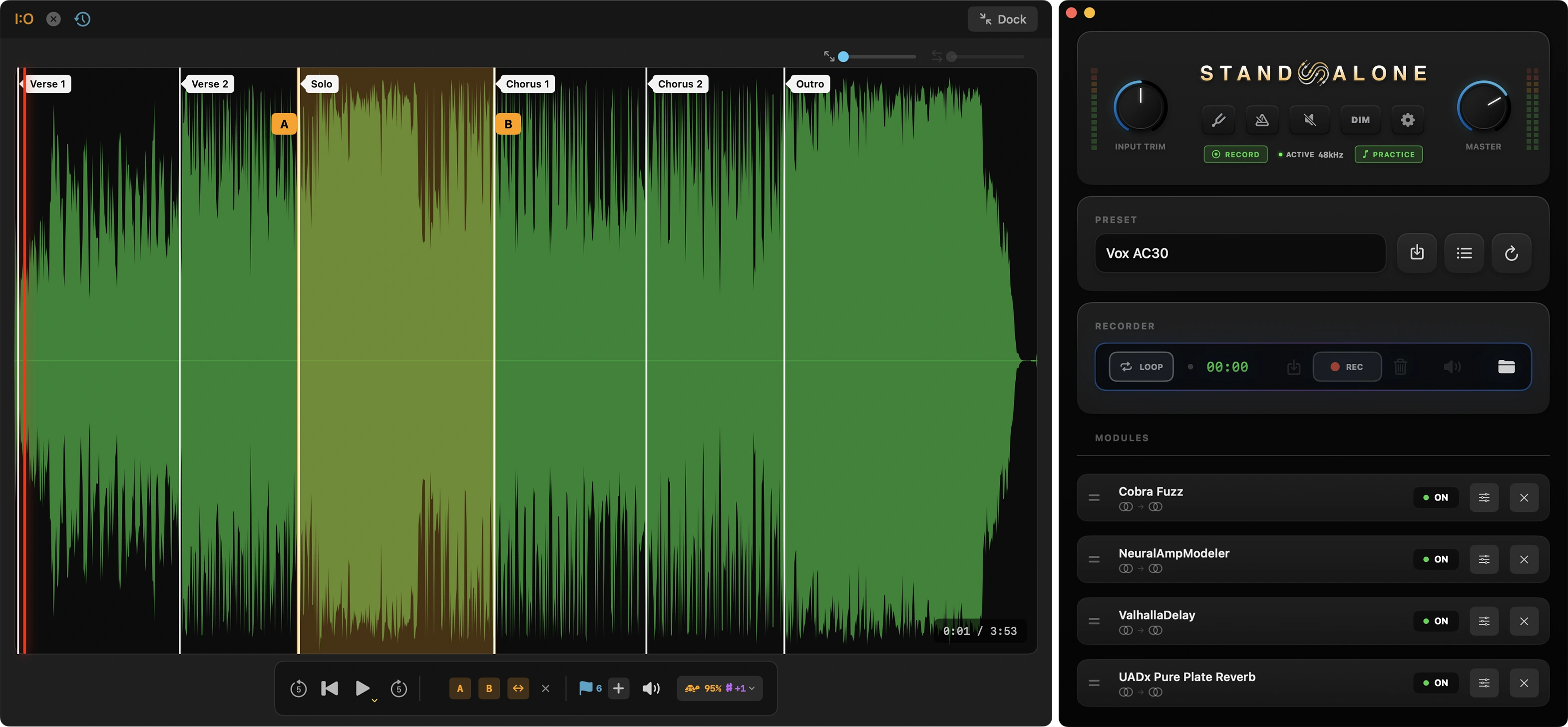 The separate STANDALONE plug-in-host application with its recorder, practice waveform, and plug-in rack